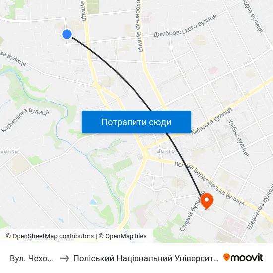Вул. Чехова to Поліський Національний Університет map