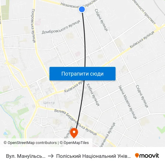 Вул. Мануїльського to Поліський Національний Університет map