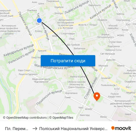 Пл. Перемоги to Поліський Національний Університет map