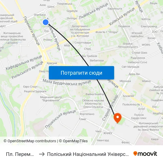 Пл. Перемоги to Поліський Національний Університет map
