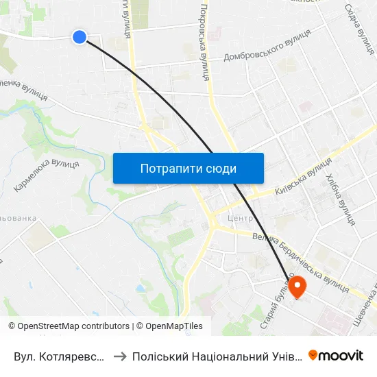 Вул. Котляревського to Поліський Національний Університет map