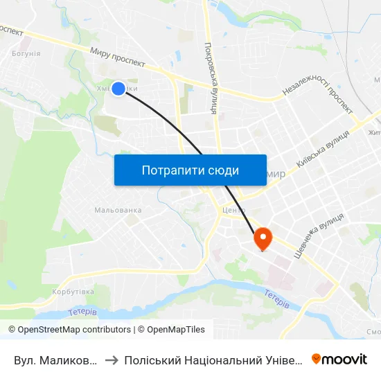 Вул. Маликова 30 to Поліський Національний Університет map