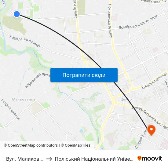Вул. Маликова 16 to Поліський Національний Університет map
