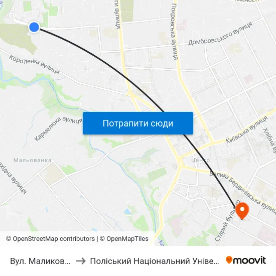 Вул. Маликова 12 to Поліський Національний Університет map