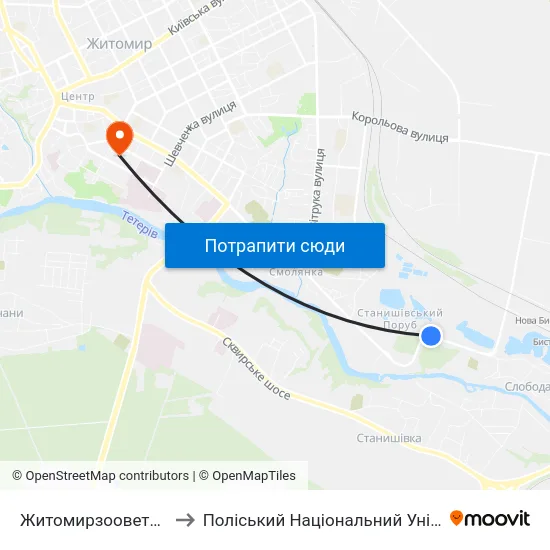 Житомирзооветпостач to Поліський Національний Університет map