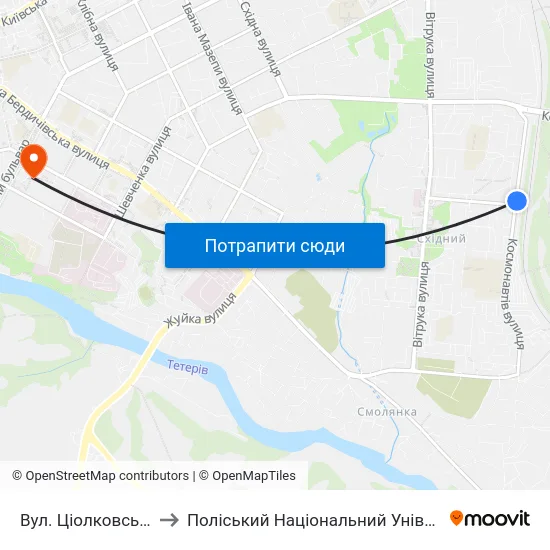 Вул. Ціолковського to Поліський Національний Університет map