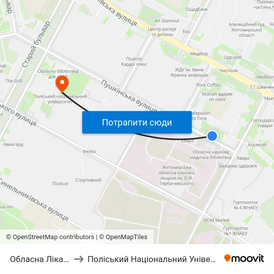 Обласна Лікарня to Поліський Національний Університет map