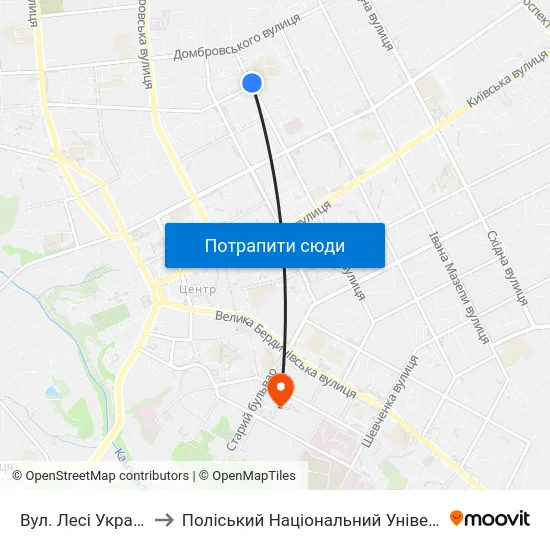 Вул. Лесі Українки to Поліський Національний Університет map