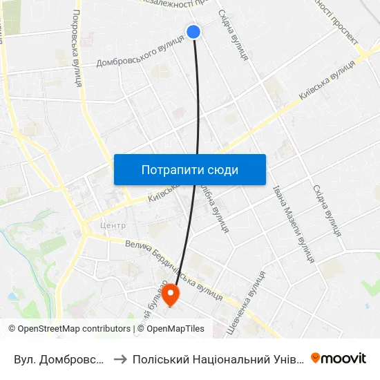 Вул. Домбровського to Поліський Національний Університет map