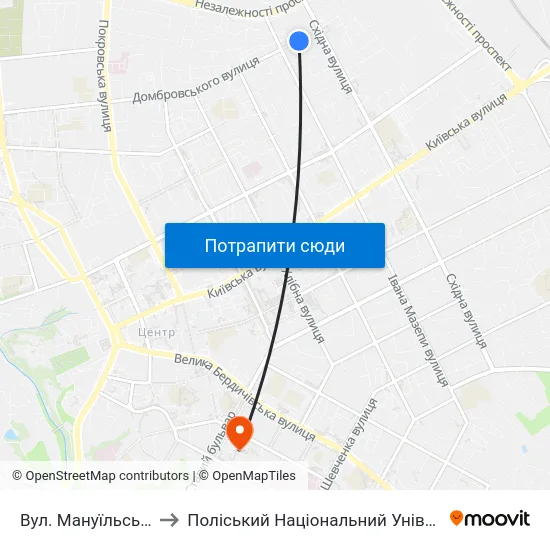 Вул. Мануїльського to Поліський Національний Університет map