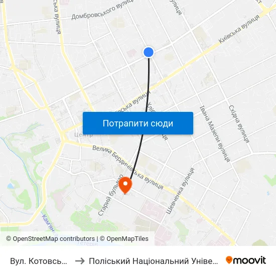 Вул. Котовського to Поліський Національний Університет map