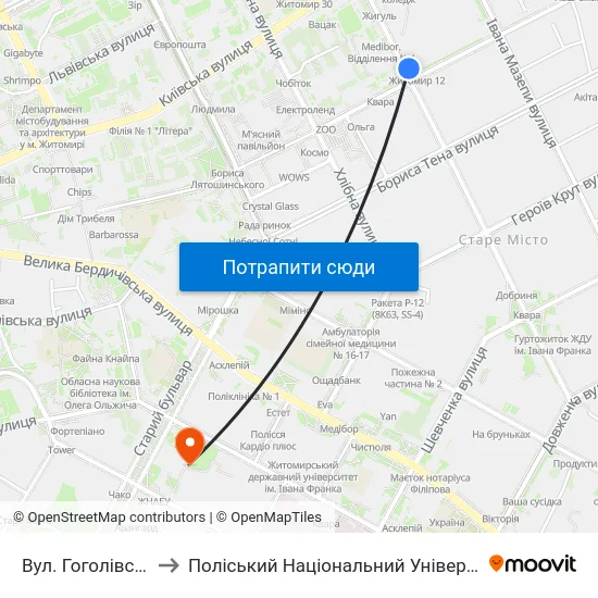 Вул. Гоголівська to Поліський Національний Університет map