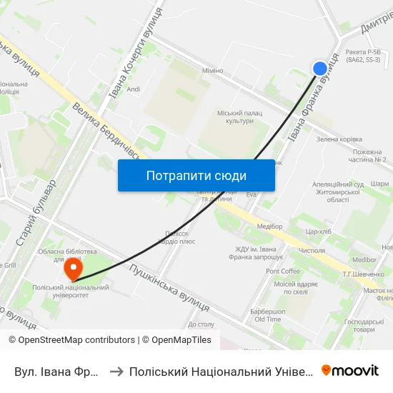 Вул. Івана Франка to Поліський Національний Університет map