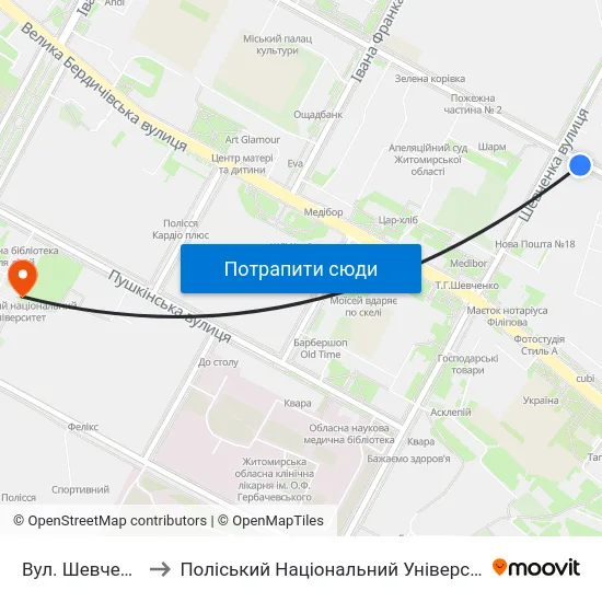 Вул. Шевченка to Поліський Національний Університет map