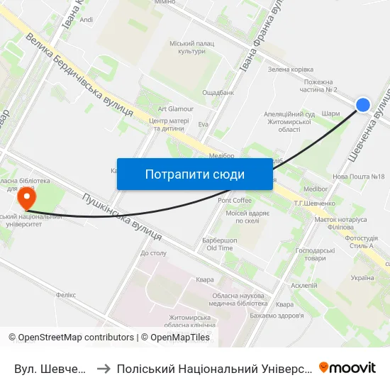 Вул. Шевченка to Поліський Національний Університет map