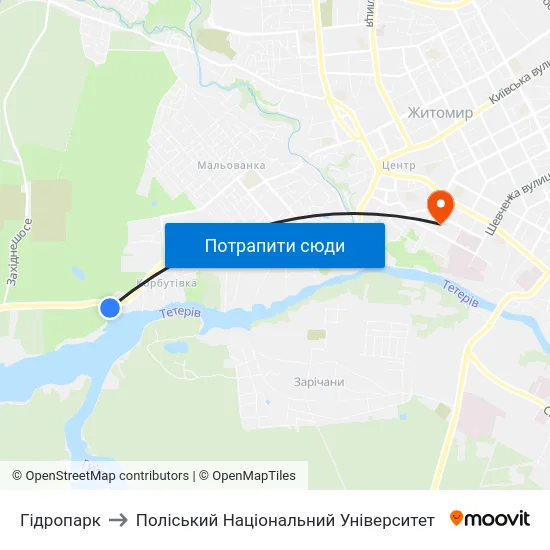 Гідропарк to Поліський Національний Університет map