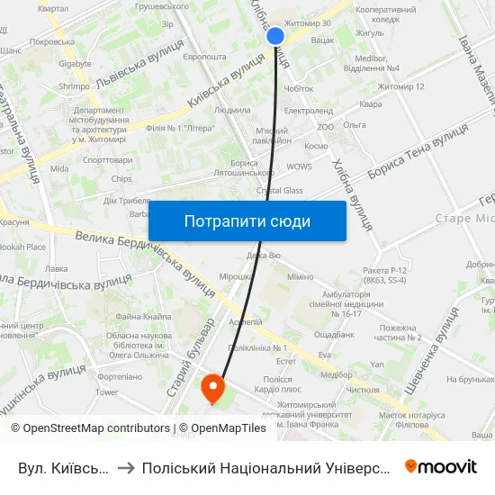 Вул. Київська to Поліський Національний Університет map