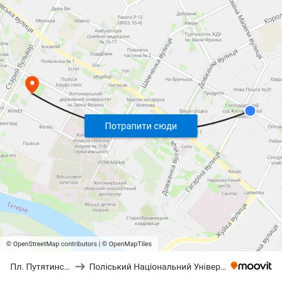 Пл. Путятинська to Поліський Національний Університет map