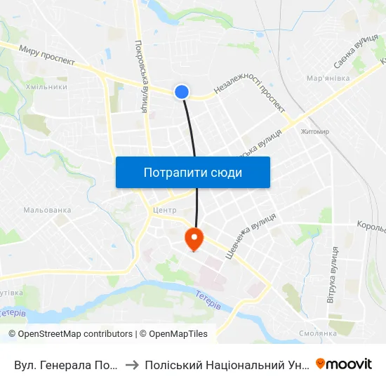 Вул. Генерала Потапова to Поліський Національний Університет map