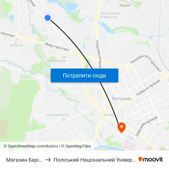 Магазин Берізка to Поліський Національний Університет map