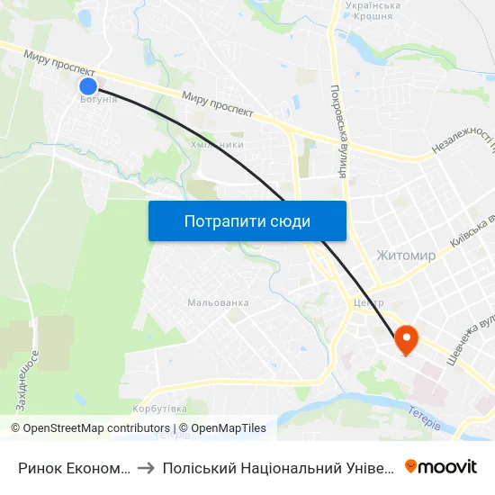 Ринок Економний to Поліський Національний Університет map