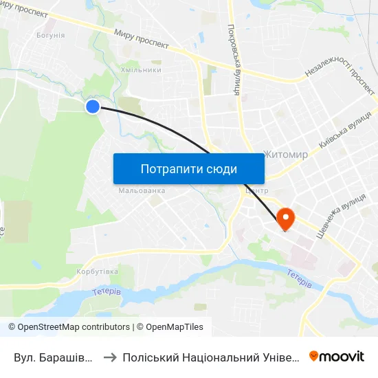 Вул. Барашівська to Поліський Національний Університет map