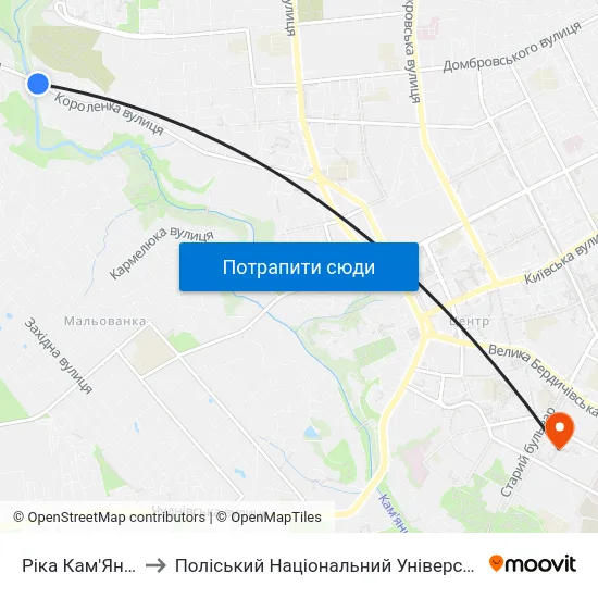Ріка Кам'Янка to Поліський Національний Університет map