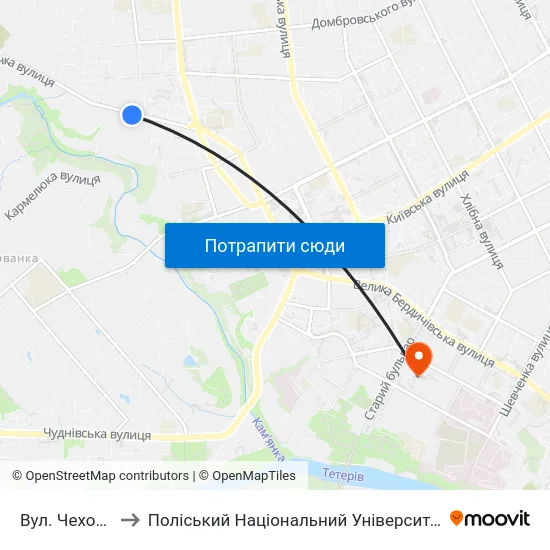 Вул. Чехова to Поліський Національний Університет map