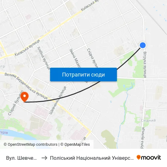 Вул. Шевченка to Поліський Національний Університет map