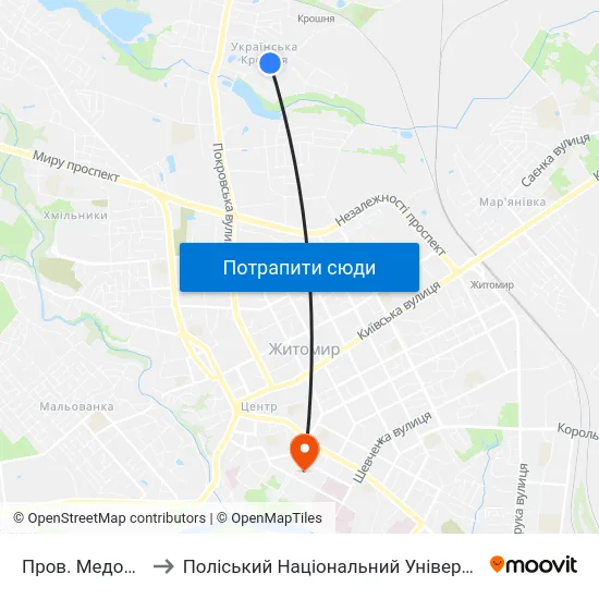 Пров. Медовий to Поліський Національний Університет map