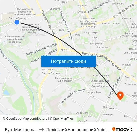 Вул. Маяковського to Поліський Національний Університет map