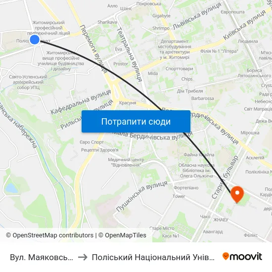 Вул. Маяковського to Поліський Національний Університет map