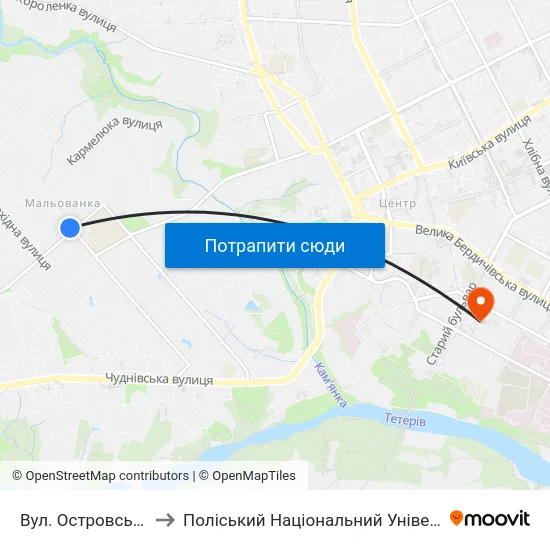 Вул. Островського to Поліський Національний Університет map