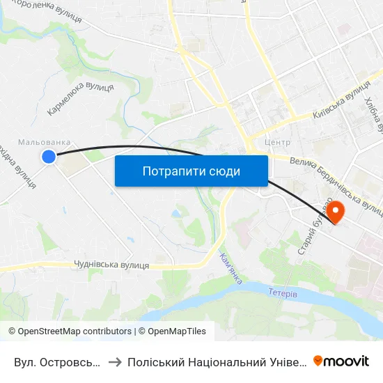 Вул. Островського to Поліський Національний Університет map