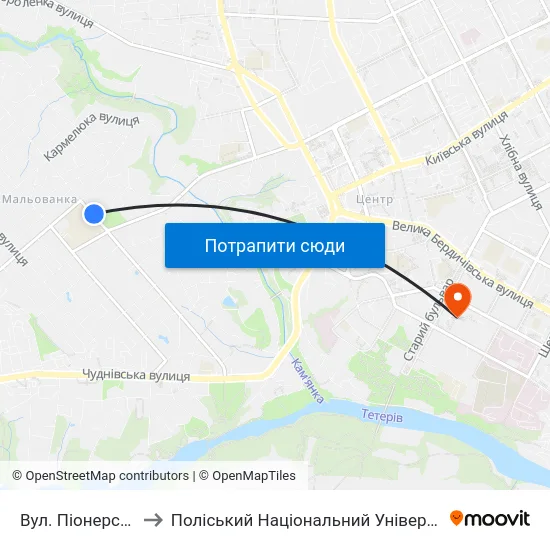 Вул. Піонерська to Поліський Національний Університет map
