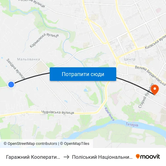 Гаражний Кооператив Корбутівка to Поліський Національний Університет map