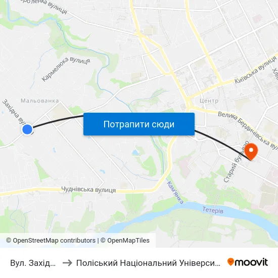 Вул. Західна to Поліський Національний Університет map