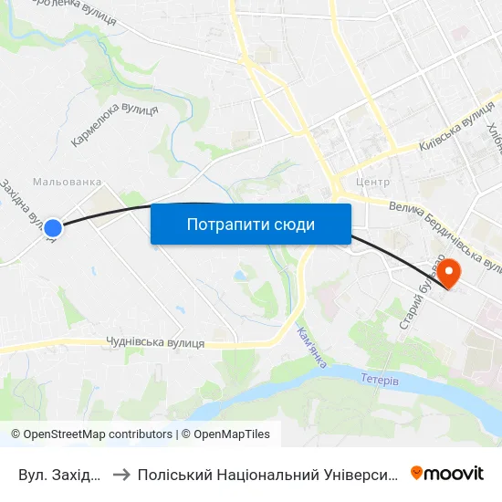 Вул. Західна to Поліський Національний Університет map