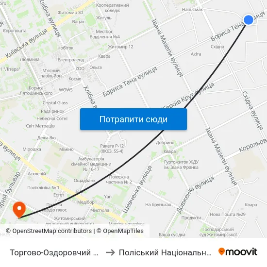 Торгово-Оздоровчий Центр Східний to Поліський Національний Університет map