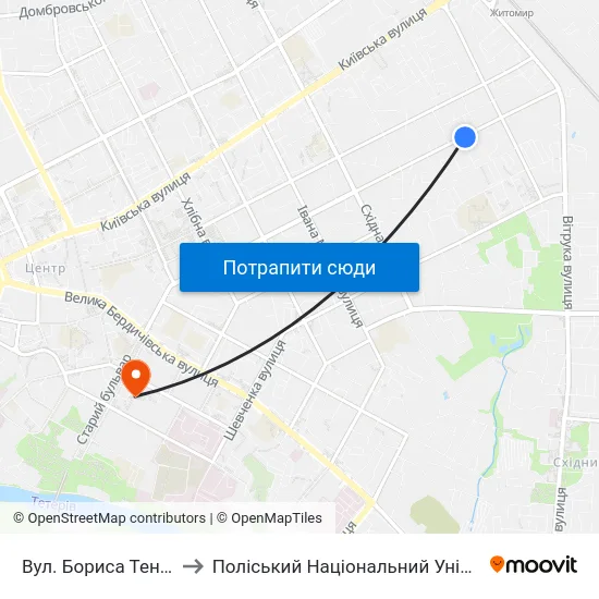 Вул. Бориса Тена 100 to Поліський Національний Університет map