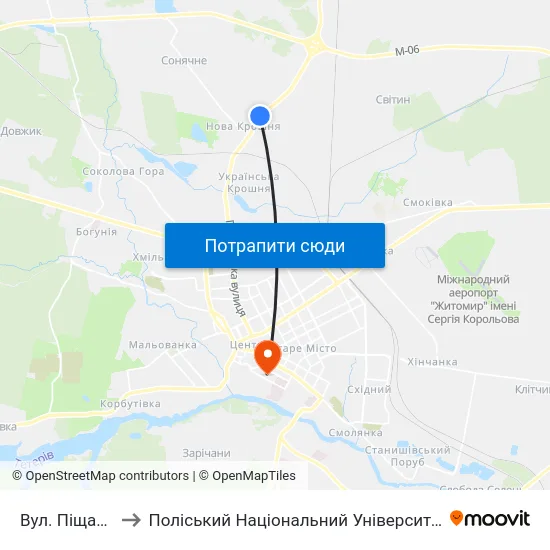 Вул. Піщана to Поліський Національний Університет map