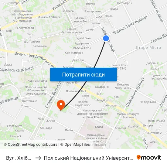 Вул. Хлібна to Поліський Національний Університет map