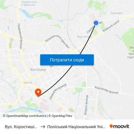 Вул. Коростишівська to Поліський Національний Університет map
