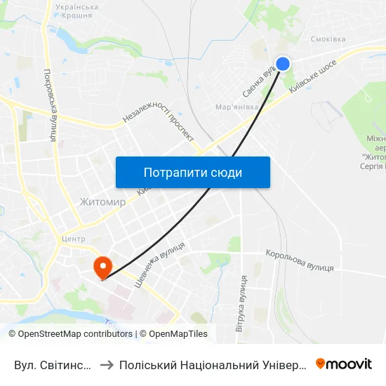 Вул. Світинська to Поліський Національний Університет map
