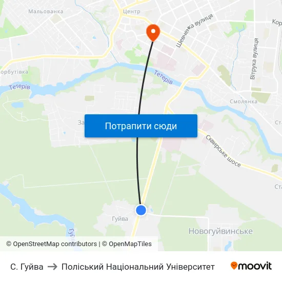 С. Гуйва to Поліський Національний Університет map