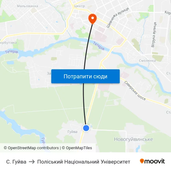 С. Гуйва to Поліський Національний Університет map
