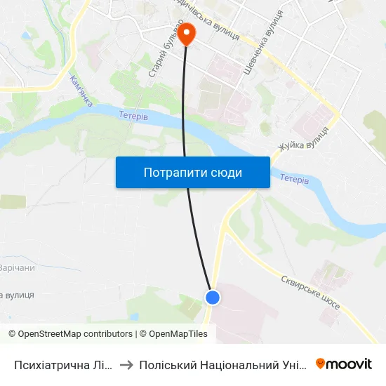 Психіатрична Лікарня to Поліський Національний Університет map