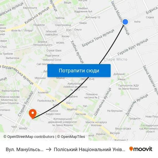Вул. Мануїльського to Поліський Національний Університет map