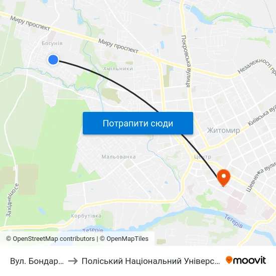 Вул. Бондарна to Поліський Національний Університет map