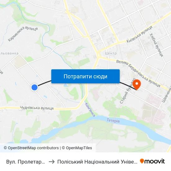 Вул. Пролетарська to Поліський Національний Університет map